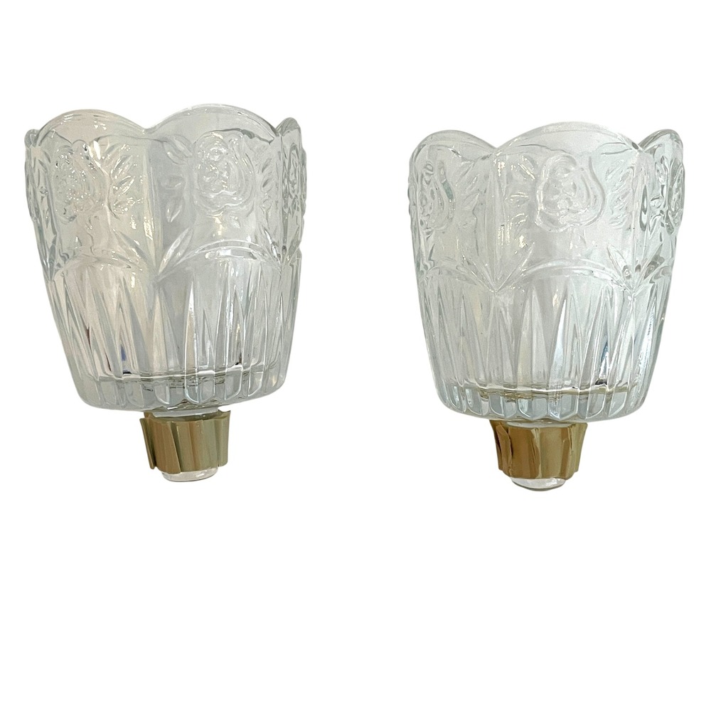 Home Interiors HOMCO Clear Diamond Cut Glass Rose Peg Votive Candle Holder Set 2
